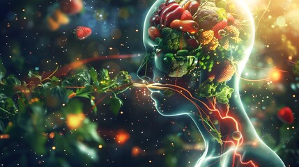  A dynamic illustration of the human body absorbing nutrients from a variety of foods, with glowing...