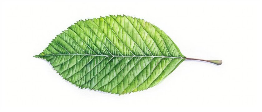 A detailed watercolor depiction of an elm leaf with a sawtoothed edge, isolated on a clean white backdrop