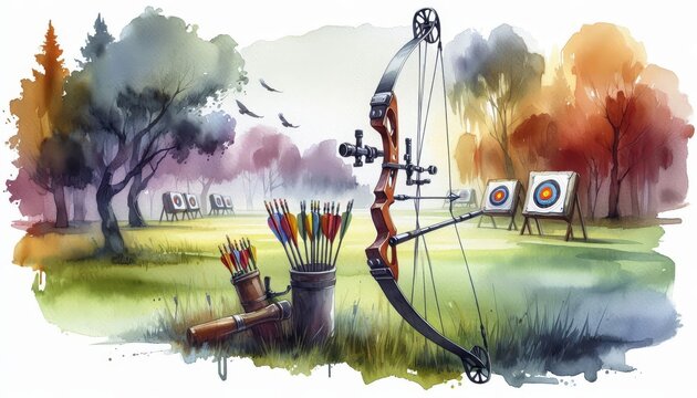 Archery Equipment at a Woodland Range - Watercolor illustration depicting a bow and arrows set up for archery, with targets and trees in the background.
