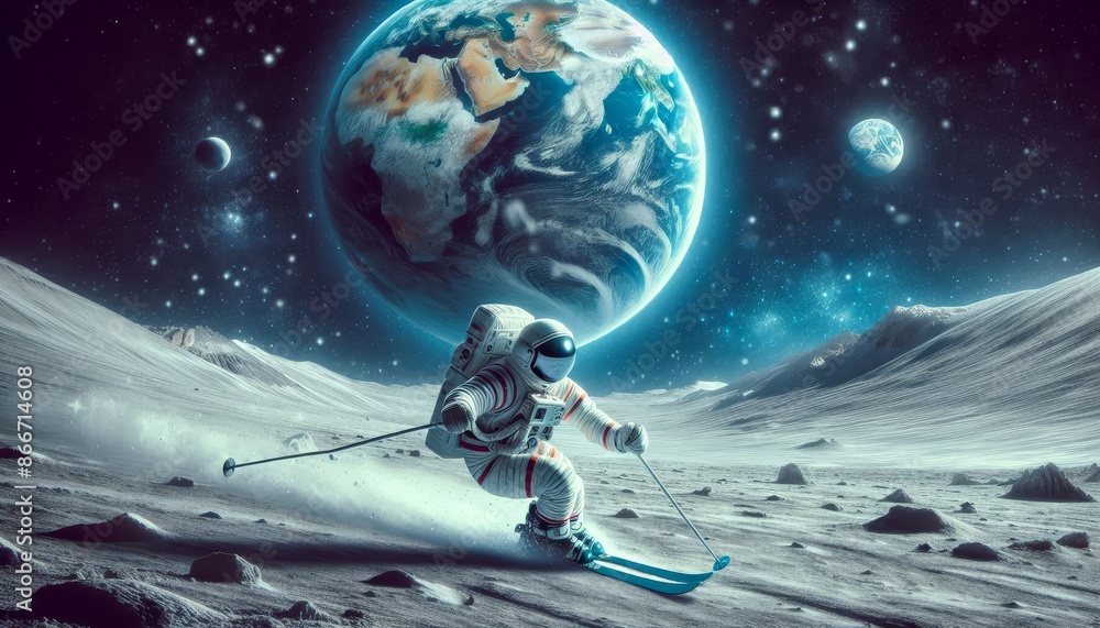 Poster astronaut skiing on the moon with earth in the background - an astronaut in a white spacesuit skis d