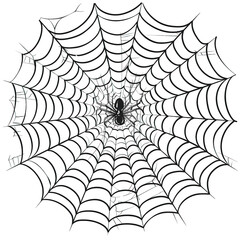 Intricate spider web with a spider at the center, showcasing natural artistry and geometric patterns in monochrome.