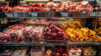 Frozen meat displayed in open freezer.