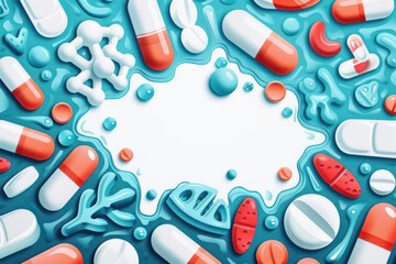 A vibrant depiction of pharmacology with pill bottles and chemical structures, ideal for a medical banner with space for copy