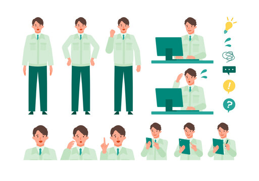 Working man. Concept for Problem Solving. Man cartoon character head collection set. People face profiles avatars and icons. Close up image of Problem Solving man.