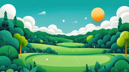 A vibrant depiction of a disc golf course with players throwing discs towards a basket, ideal for a sports banner with space for copy