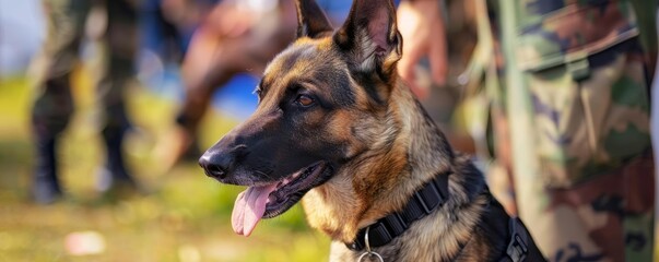 Military working dog demonstrating skills at military exhibition, military working dog, public demonstration