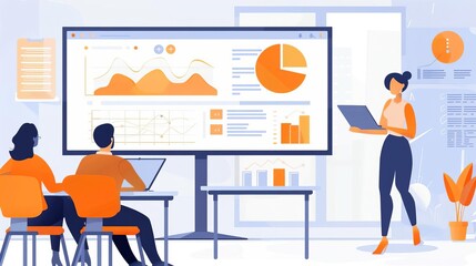 Fototapeta premium Business team analyzing data charts on a big screen during a presentation in a modern office setting with laptops.