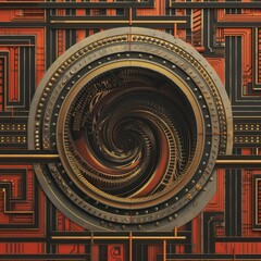 Obraz premium A vibrant depiction of a vintage teleportation portal with swirling digital patterns and oldfashioned mechanical parts, isolated with ample room for text on a clean background