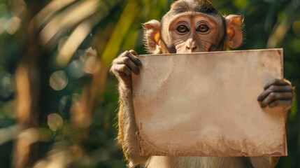 Obraz premium A monkey holds an empty poster to place an advertisement.