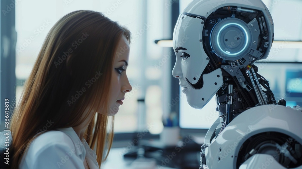 Aufkleber A woman and an AI robot collaborate in a modern office. The woman gazes at the robot, while the robot is focused on the computer screen behind it