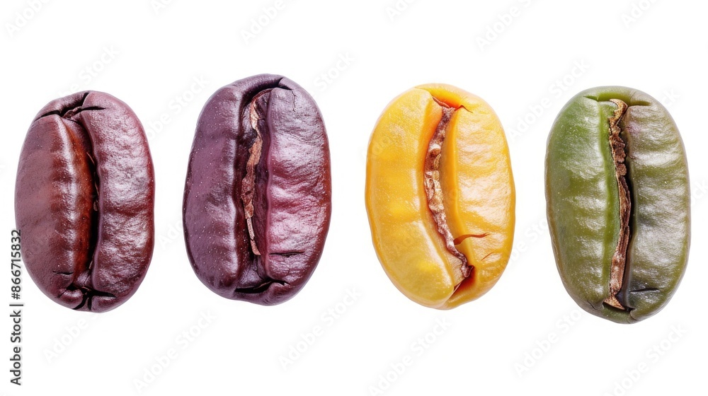 Wall mural A row of coffee beans placed on a clean white surface, ideal for use in food or product photography