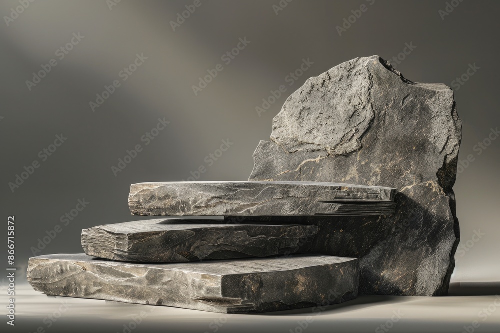 Poster a large rock sits atop a pile of smaller rocks, with an unknown landscape in the background