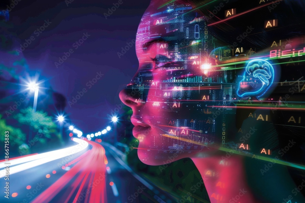 Poster futuristic ai driven humanoid with a digital overlay representing advanced technology and innovation