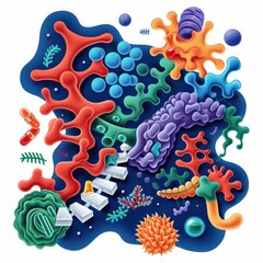 Obraz premium A vibrant illustration of biochemistry with enzyme structures and metabolic pathways, isolated on a clean background with room for text