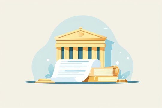 A vibrant illustration of a subpoena with legal papers and a courthouse, isolated on a clean background with room for text