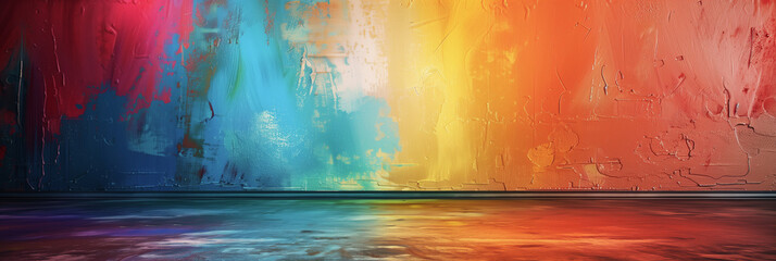 A colorful painting of a wall with a blue stripe. The painting is abstract and has a lot of different colors. Banner concept