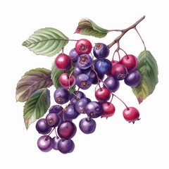 A watercolor depiction of serviceberries in shades of purple and red, isolated on a white background