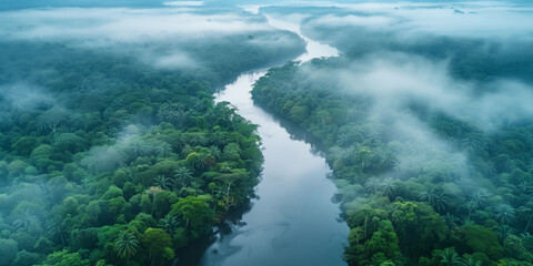 A drone eye view looking down on a river winding its way through a forest