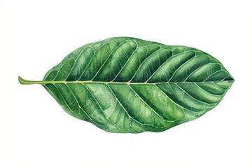 A watercolor image of a magnolia leaf with its broad, glossy surface, perfect for a botanical illustration on a white backdrop