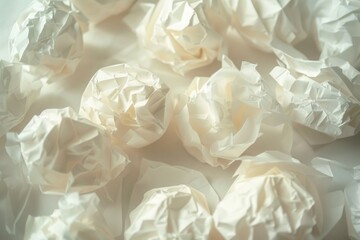 A stack of crumpled paper balls on a table, great for conceptual illustrations or as a design element