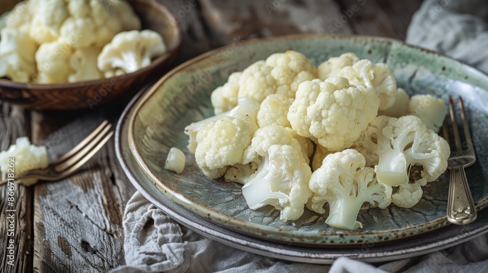 Wall mural a plate of cauliflower and broccoli with a fork on it. generate ai image