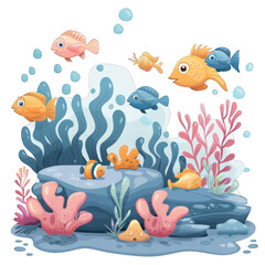 Obraz premium Colorful underwater scene with various fish swimming among coral reefs and seaweed, creating a vibrant and lively ocean atmosphere.