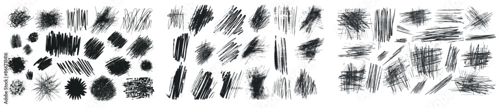 Poster An isolated set of modern doodle strokes and scribbles with scribble hatch textures, dirty lines and scratches of various shapes.