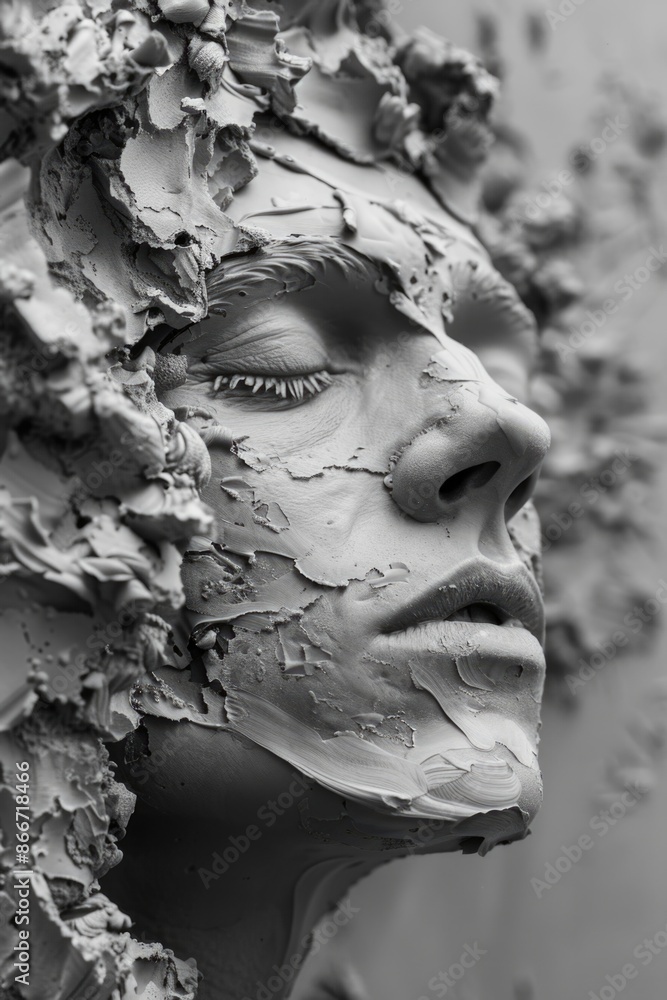 Aufkleber a detailed view of a clay sculpture depicting a woman's face, suitable for editorial use in art or d