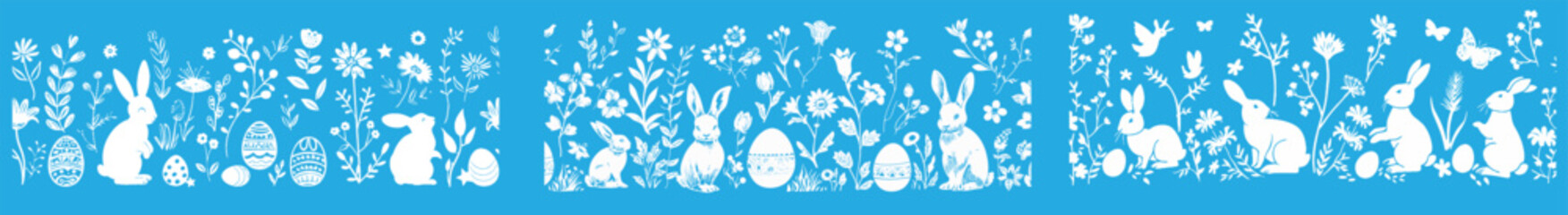 Obraz premium Decorative border with bunnies, eggs, and flowers for traditional Easter decoration. Set of rabbit modern patterns.