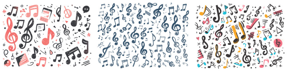 Musical notes, rest, treble clef, and bass clef. Sketchy grunge scribble music symbols. Song or melody notation doodle note symbol.