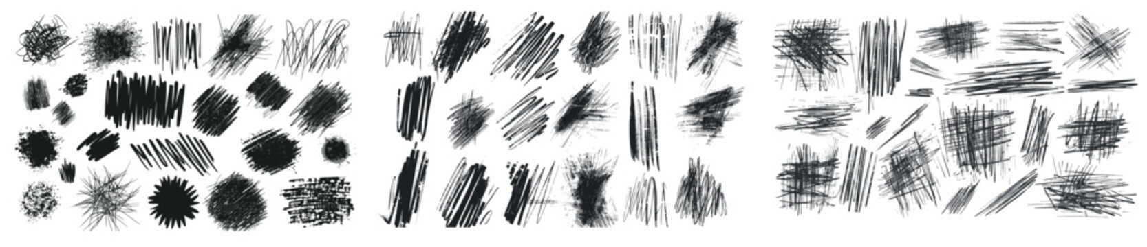 An isolated set of modern doodle strokes and scribbles with scribble hatch textures, dirty lines and scratches of various shapes.