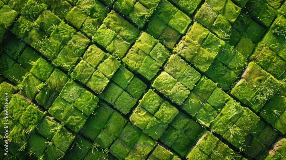 Poster a close-up view of a vibrant and healthy patch of green grass, perfect for use in designs related to