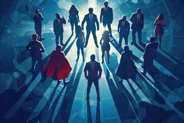 A group of superheroes standing together in a circle, ready for action