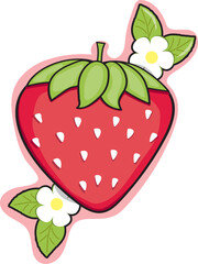 Strawberry with flowers illustration. Sticker strawberry