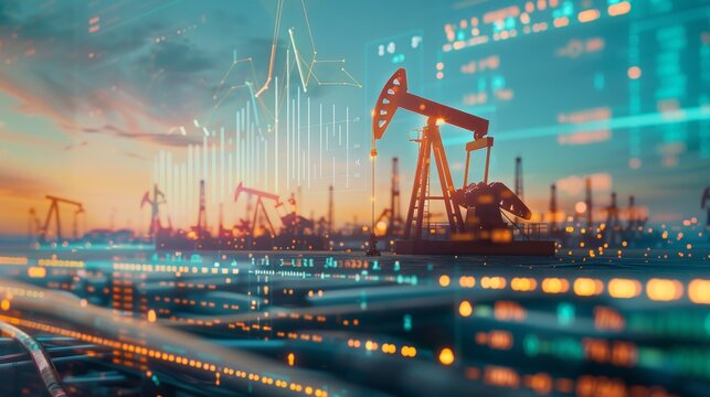 Double exposure image, oil pump lifts in the field and financial charts.