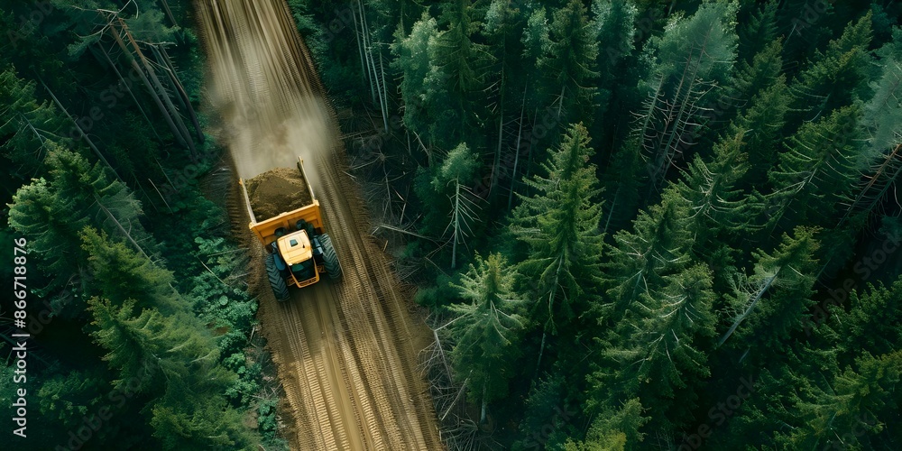 Poster a tree harvester in action logging operations in the forest. concept logging industry, forest manage