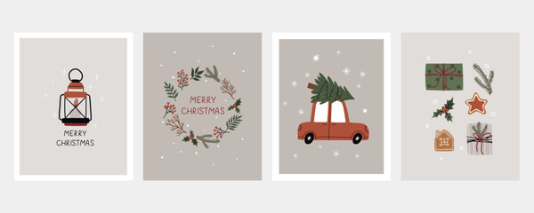 A set of Christmas vector cards featuring festive attributes, reflecting the 2025 trend. Perfect for holiday greetings, decorations, and seasonal crafts.