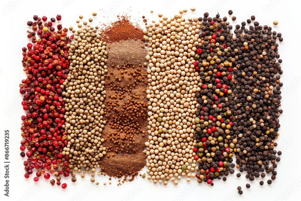 Poster A selection of various spices arranged on a clean white surface, ideal for use in food photography or as a decorative element