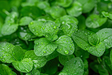 Close-up of fresh green leaves covered with water droplets showcasing nature's beauty