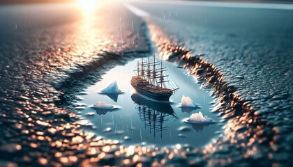 Fototapeta premium Sailing Through a Puddle: A Miniature Ship on a Wet Road - A small toy ship sails on a puddle created by rain on a paved road. The scene is lit by a warm, fading sunset, casting a golden glow on the r