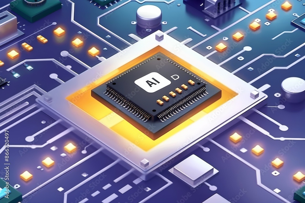 Poster ai processor chip on a glowing circuit board with intricate electronic details and futuristic design