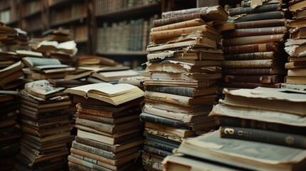 A large stack of old books lying around.