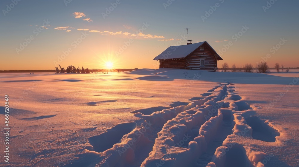 Aufkleber a small cabin is in the snow with a sun setting in the background. generate ai image