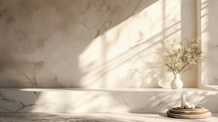Fototapeta premium A white marble table set against a wall with natural texture creating a harmonious blend of materials