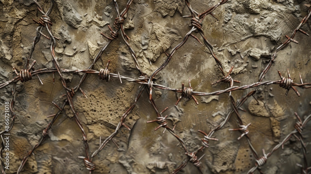 Poster A close-up view of a rusty barbed wire fence with sharp edges and thick wires