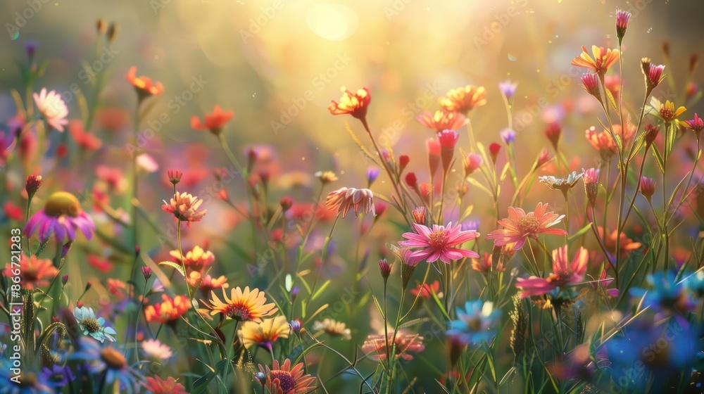 Poster a field of flowers with a bright sun shining on them. generate ai image