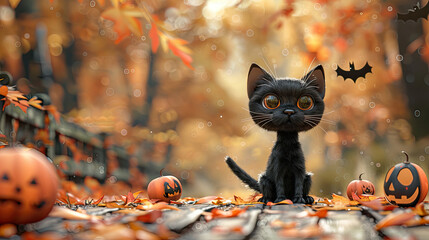 Cute 3D Rendered Black Cat. Halloween Cat on Autumn. Maple Forest in Autumn. Orange Themed. Cute Cat. Spooky Theme with Copy Space