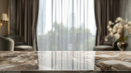 A marble table with a blurred room interior and curtains in the background