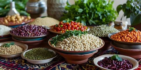 Assorted legumes and greens on a festive table for Nowruz celebration. Concept Nowruz Celebration, Festive Table Decor, Assorted Legumes, Vibrant Greens, Persian New Year