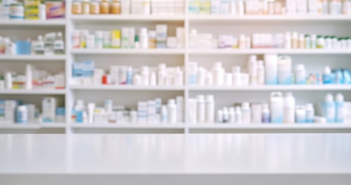 A white counter in a pharmacy with blurred shelves of medicines in the background